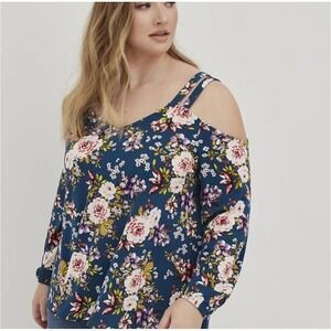 Torrid Floral Crepe Cold Shoulder Top Women's XL Blue Long Sleeve Strappy